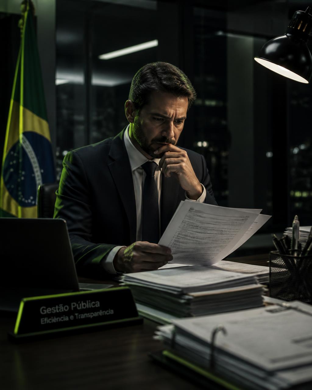 Ordenador de despesas analisando processos e documentos complexos